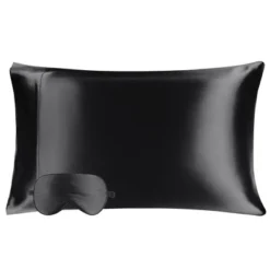 2 Pcs Queen Silk For Hair And Skin Gift Set Pillowcase And Eye Cover Black - PiccoCasa