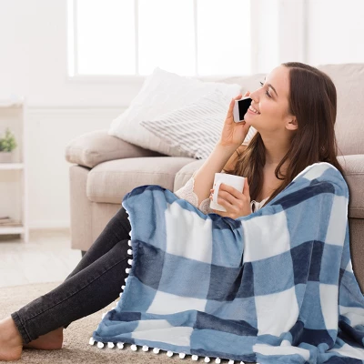 PiccoCasa Flannel Pom-Pom Tartan Checkered Fleece Throw Blanket 1Pc 3 PiccoCasa Flannel Pom-Pom Tartan Checkered Fleece Throw Blanket 1Pc