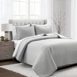 Lush Décor 3pc Farmhouse Box Stitch And Stripe Oversized Reversible Cotton Quilt Set Gray -Bedding Shop GUEST 2f630bc4 f26c 450b 85df dc0361beb7bf