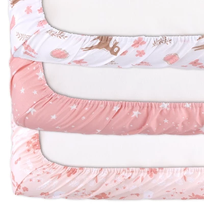 The Peanutshell Mini Crib Sheet Set For Girls - 3 Pack - Multiuse For Pack & Play, Playard, Playpen, Mini Crib, Pink Woodland Floral 9 The Peanutshell Mini Crib Sheet Set For Girls - 3 Pack - Multiuse For Pack & Play, Playard, Playpen, Mini Crib, Pink Woodland Floral - Image 7