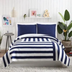3pc King Block Stripe Quilt & Sham Set Blue - Ampersand For Makers Collective