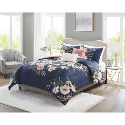 Leilani Floral Print Comforter Bedding Set Navy/Blush 6 Leilani Floral Print Comforter Bedding Set Navy/Blush - Image 4