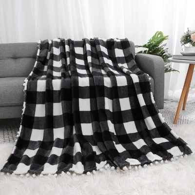 PiccoCasa Plaid Throw Blanket With Pom Poms Tartan Checkered Fleece Blanket 8 PiccoCasa Plaid Throw Blanket With Pom Poms Tartan Checkered Fleece Blanket - Image 6