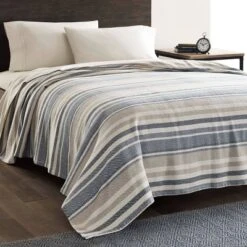 Herringbone Stripe Bed Blanket Blue - Eddie Bauer