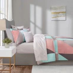 Queen 8pc Zuri Reversible Complete Bed Set Includes Sheets - Aqua