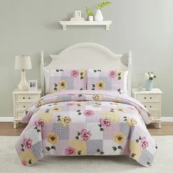 Sweet Home Collection Quilt Embroidered Soft And Luxurious Patch Quilt Set With Shams