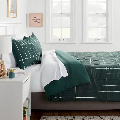 Grid Print Microfiber Reversible Comforter & Sheet Set Dark Green - Room Essentials™ 3 Grid Print Microfiber Reversible Comforter & Sheet Set Dark Green - Room Essentials™